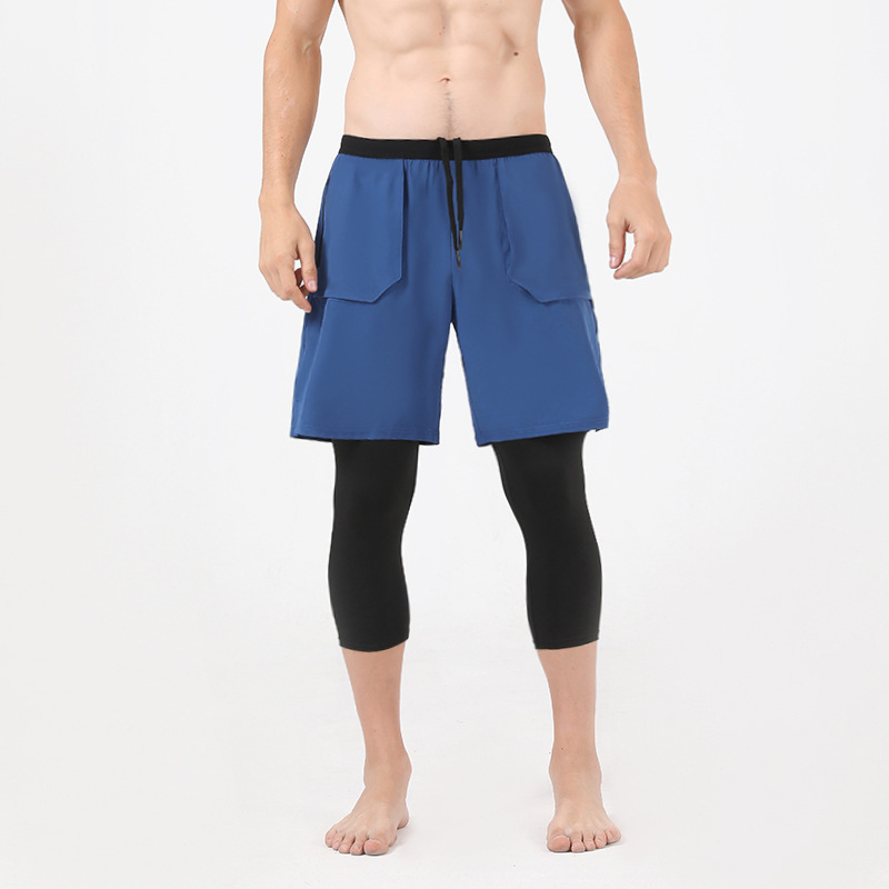 Pantalons de sport double couche Faux pantalons deux pièces pour hommes Running Pocket Pantalons de fitness Collants de basket-ball deux-en-un à séchage rapide