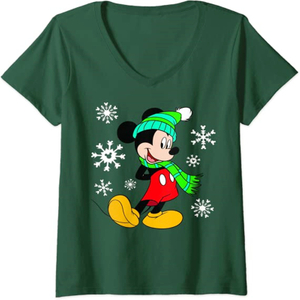 Femmes Noël Disney Mickey Mouse Vacances Flocons De Neige Portrait Noël Livraison Gratuite V-Neck Nouvel An T-shirt