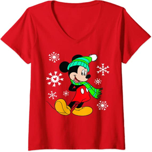 Femmes Noël Disney Mickey Mouse vacances flocons de neige Portrait Noël col en V nouvel an t-shirt